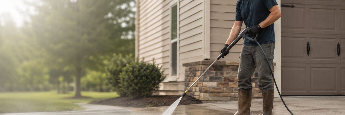 A driveway being pressure washed clean
